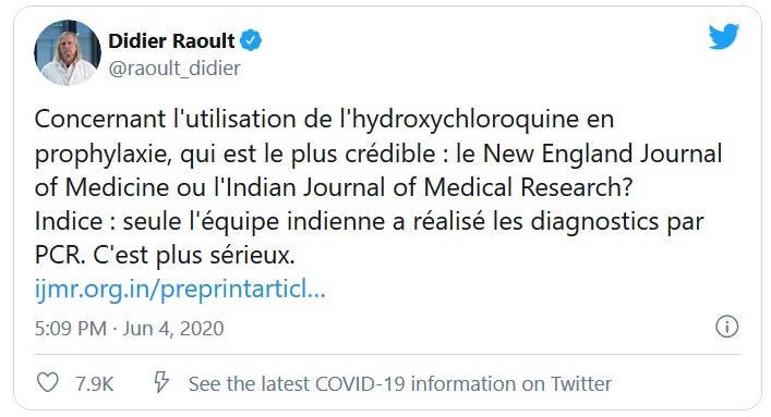 dr Didier Raoult wcześniej twierdził, że artykuł jest oszustwem - badania kliniczne chlorochiny
