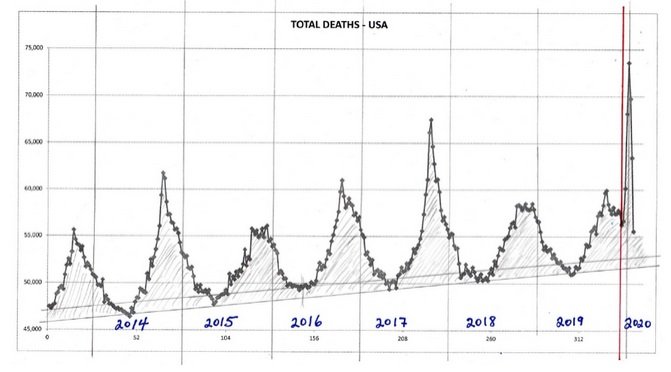 Cotygodniowa śmiertelność ze wszystkich przyczyn w USA, począwszy od 2014 roku.