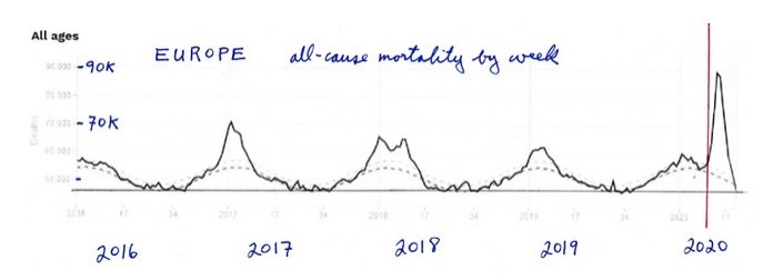 Śmiertelność ze wszystkich przyczyn według tygodnia, dane ośrodka EuroMOMO dla Europy
