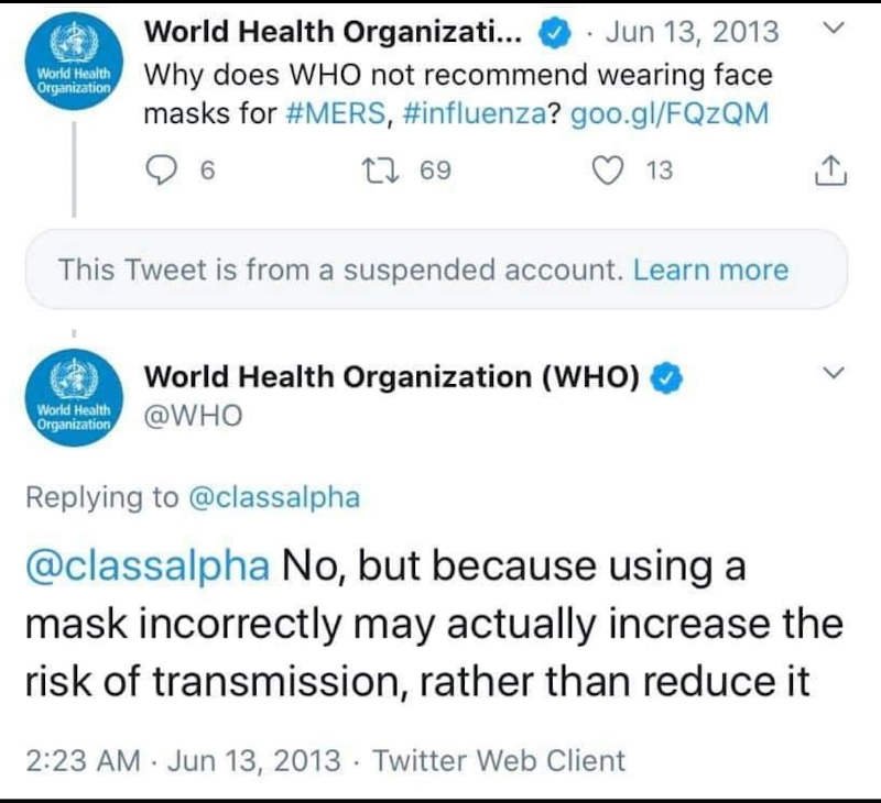 WHO - niewłaściwe użycie maski może w rzeczywistości zwiększyć ryzyko transmisji, a nie je zmniejszyć.
