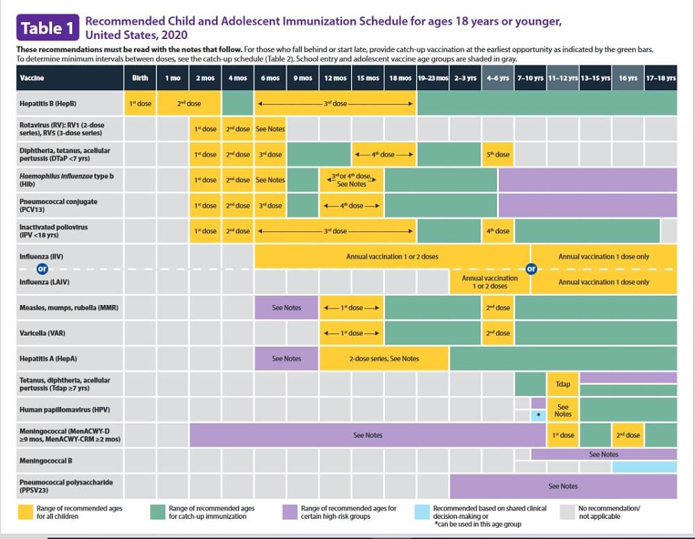 Zalecany kalendarz szczepień dzieci i młodzieży w wieku do 18 lat, Stany Zjednoczone, 2020