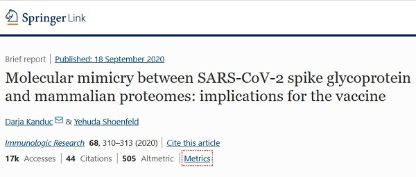 Mimikra molekularna pomiędzy glikoproteiną kolca SARS-CoV-2 a proteomami ssaków