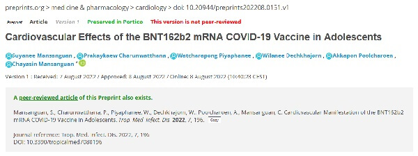 Wpływ szczepionki mRNA Pfizera na COVID-19 na układ sercowo-naczyniowy u młodzieży - Tajlandia