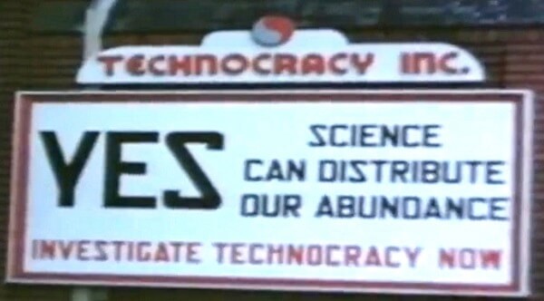 znak promujący Technocracy przed siedzibą główną w Victorii w 1942 roku.