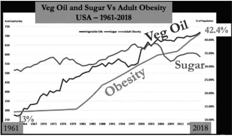 RYCINA 5. Trendy otyłości u osób dorosłych oraz spożycie cukru i olejów roślinnych w Stanach Zjednoczonych (1961-2018)