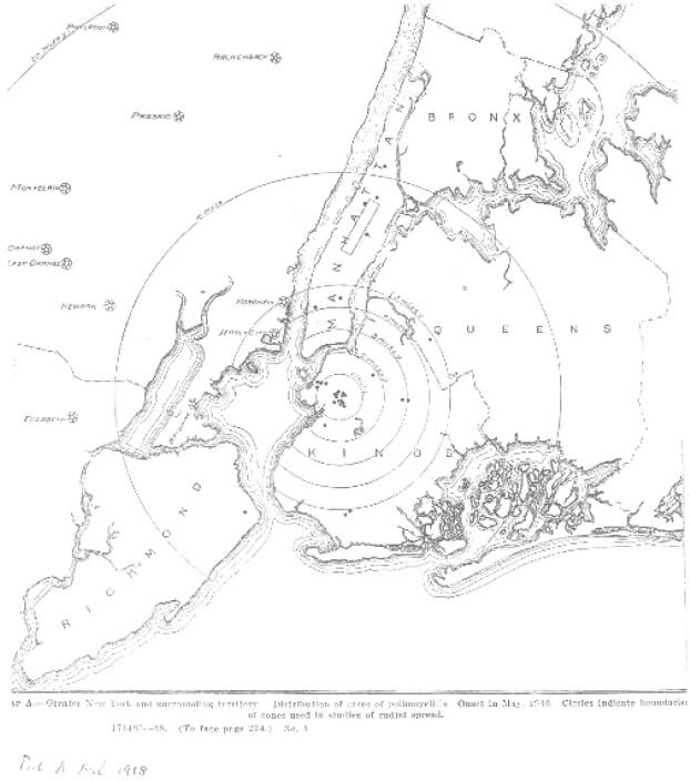 Ryc. (2). Koncentryczne rozprzestrzenianie się przypadków z Brooklynu [na podstawie ref. 1, s. 273].